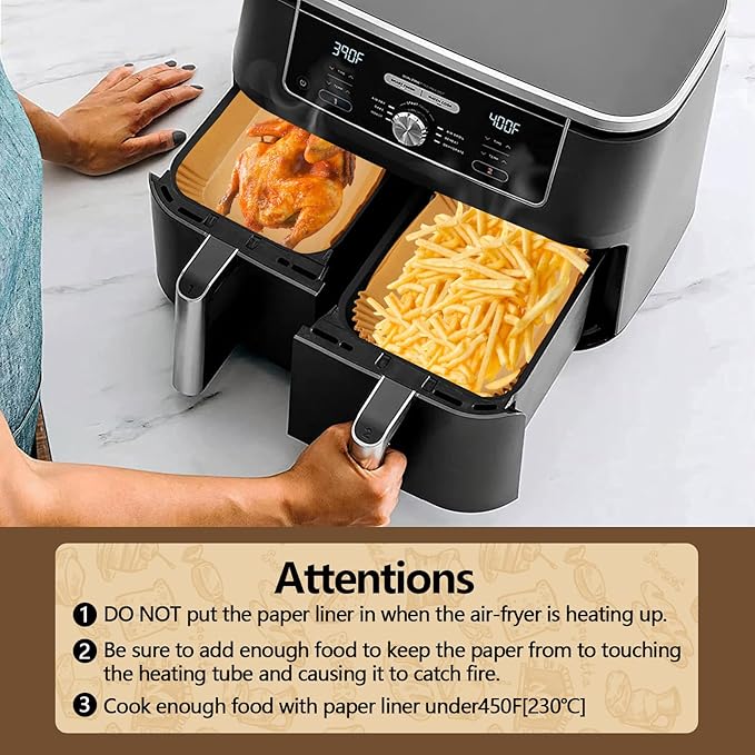UBeesize Air Fryer Paper Liners Disposable For Ninja, 200 PCS Non Stick Parchment Paper For Ninja DZ201/DZ401 Dual, Oil Proof, Water Proof Food Grade Air Fryer Accessoriess(Rectangle - 8.6"X5.5")