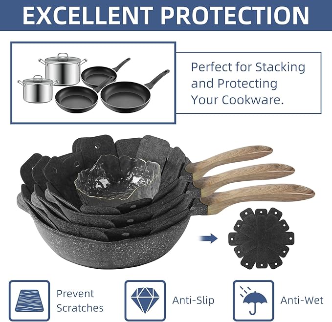 Pot and Pan Protectors, Set of 24 and 4 Different Sizes (10" 12" 14" 16") Felt Pan Separators Pads Pot Dividers Pads for Stacking and Protecting Pots and Pans, Gray