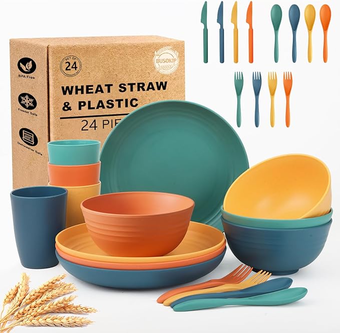 Wheat Straw Dinnerware Sets for 4, Kitchen Plates and Bowls Set, Unbreakable Kids Dishes Set 24 Piece, Microwave & Dishwahser Safe Plastic Dinnerware Set for Camping, RV, Party, Dorm - Multi