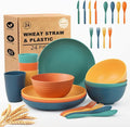 Wheat Straw Dinnerware Sets for 4, Kitchen Plates and Bowls Set, Unbreakable Kids Dishes Set 24 Piece, Microwave & Dishwahser Safe Plastic Dinnerware Set for Camping, RV, Party, Dorm - Multi