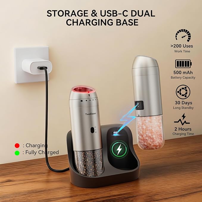 Electric Salt and Pepper Grinder Set, Dual-Speed Automatic Gravity Pepper Grinder with Charging Base, Adjustable Coarseness, LED Light, 5.95oz Large Capacity, Stainless Steel Spice Mill for Kitchen