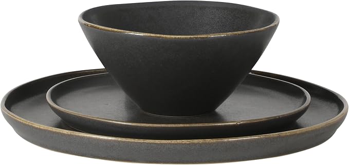 Gibson Elite Coastal Forest Plates and Bowls Sets, 12-Piece Stoneware Dinnerware Sets, Triple Reactive Glaze Dish Set - Black