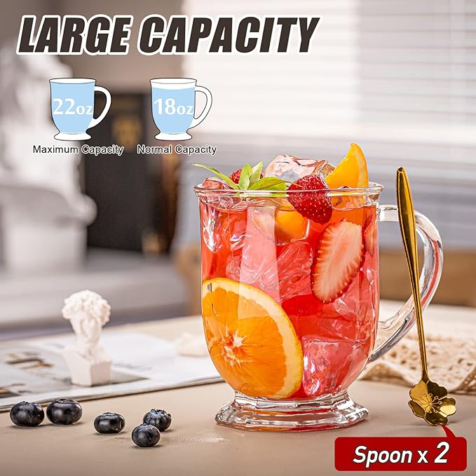 Glass Coffee Mugs Set of 2, 22 oz Large Capacity Glass Mugs with Handles, Clear Coffee Mug with 2 Spoons, Ideal for Latte, Espresso, Juice, Tea