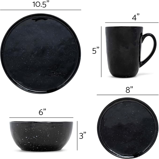 Elanze Designs Shiny Speckled Western Country Style Ceramic Plates Bowls Mugs Dinnerware 16 Piece Set - Service for 4, Black