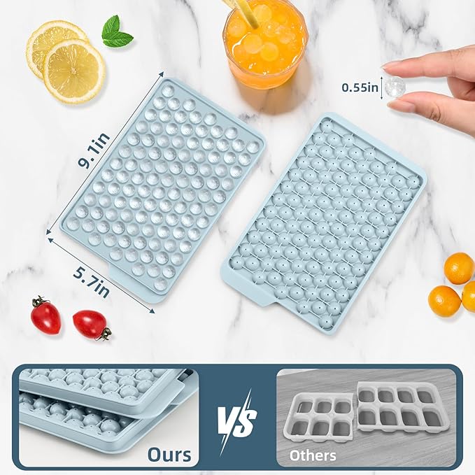 WIBIMEN Mini Ice Cube Trays, 0.55” Tiny Pebble Ice for Iced Coffee & Cocktails, Fast Chill, Easy Twist Release, Stackable with Lid & Storage Bin (4 Pack, Blue)