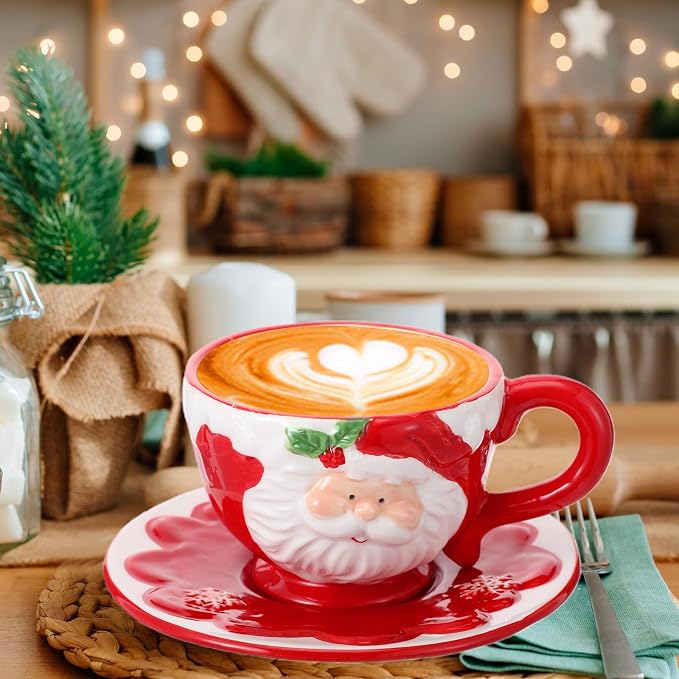 Sieral 6 Sets Christmas Santa Cups and Saucers Ceramic Beverage Drinking Mugs Red Espresso Santa Christmas Coffee Mugs for Cafe Tea Kitchen Holiday Decorations(Snowflake Style)