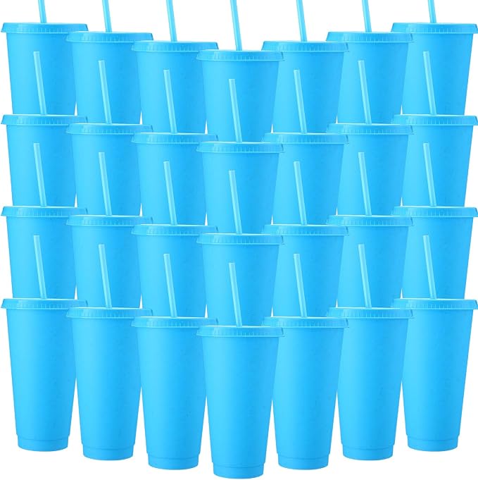 Honeydak 30 Pack Tumbler with Straw and Lid Bulk Cups for Gifts Glitter Plastic Coffee Cups 24-27 oz Reusable Water Bottle Iced Coffee Travel Mug Party Favors for Birthdays Travel (Solid Light Blue)