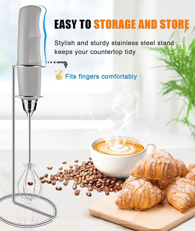 YUSWKO Silver Handheld Milk Frother Wand for Coffee, Rechargeable Electric Whisk with 3 Heads 3 Speeds Drink Mixer Coffee Frother For Latte, Cappuccino, Hot Chocolate, Egg