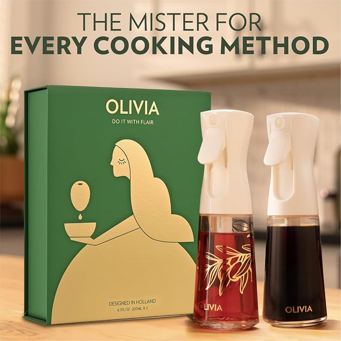 OLIVIA SIGNATURE Advanced Kitchen Oil Sprayer with Flairosol Technology, Fine Mist & Portion Control, Refillable Glass Olive Oil Cooking Spray Bottle for Air Fryer, Salad, BBQ, 2 Pack 200ml (White)