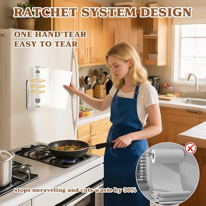 Swaitee Magnetic Paper Towel Holder for Fridge, Under Cabinet Paper Towel Holder Wall Mount, Self Adhesive No Drill, One Hand Tear Ratchet, Fits Jumbo Rolls, Silver for Kitchen RV Garage