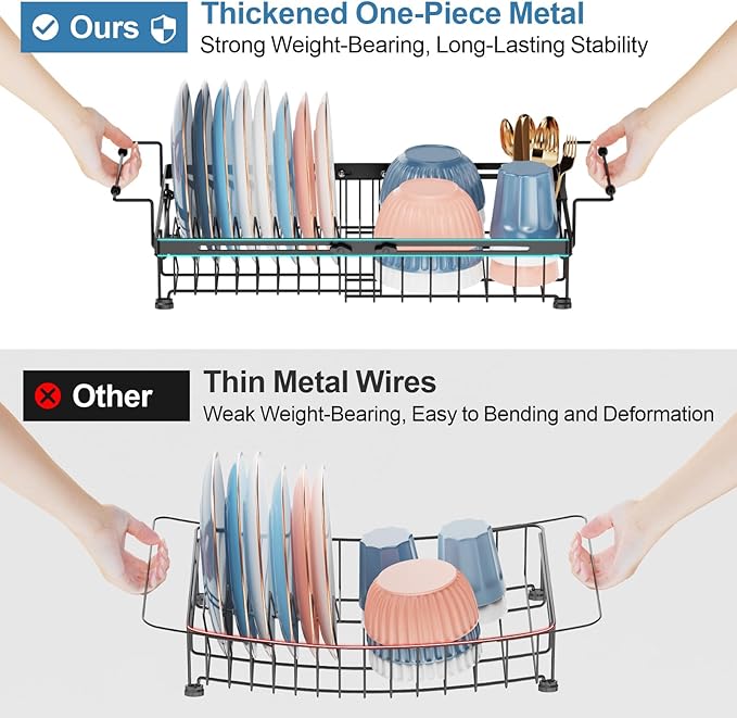 iSPECLE Expandable Dish Drying Rack with Silicone Mat for Large Kitchen Sink or On Counter, Rust Resistant Adjustable Over the Sink Dish Drainer with Tightening Knob, 12.8" W x 15.8"-20.7" L, Black