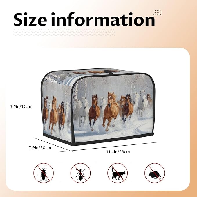 2 Slice Toaster Cover for Kitchen Horses Snow Winter Waterproof and Dustproof Oxford Fabric Toaster Dust Cover with Side Pockets Decorative Universal Cover for Wide Slot Toasters and Small Appliances