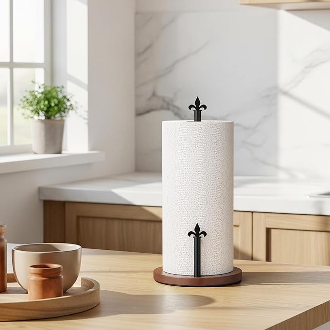 TJ.MOREE Paper Towel Holder Countertop, Wooden Paper Towel Holder with One-Hand Tear Design, Heavy Duty Paper Towel Holder Stand with Oak & Metal Weighted Base for Kitchen