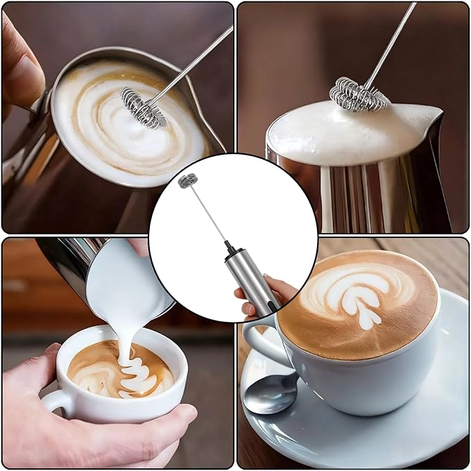 Rechargeable Milk Frother Wand with 3 Independent Speed Buttons, Handheld Electric Whisk with 5 Attachments for Coffee, Lattes, Matcha, Kitchen Gift, Stainless Steel Silver