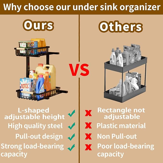 Under Sink Organizer,2 Pack Kitchen Organizers and Storage Adjustable Height 2 Tier Sliding L-Shape Cabinet Organizers Meatal,Under Bathroom Sink Organizer with Anti Slip Wooden Handle