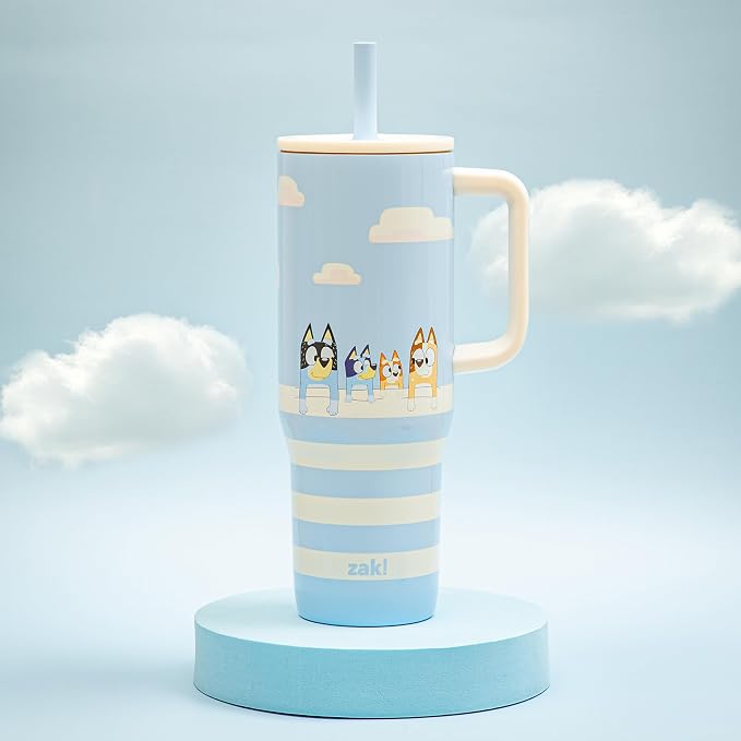 Zak Designs Bluey Sutton Travel Tumbler for On the Go, 30oz Stainless Steel with Vacuum Insulation, Silicone Straw, and Carry Handle for Cold Drinks (Bluey, Bingo, Bandit, Chilli)