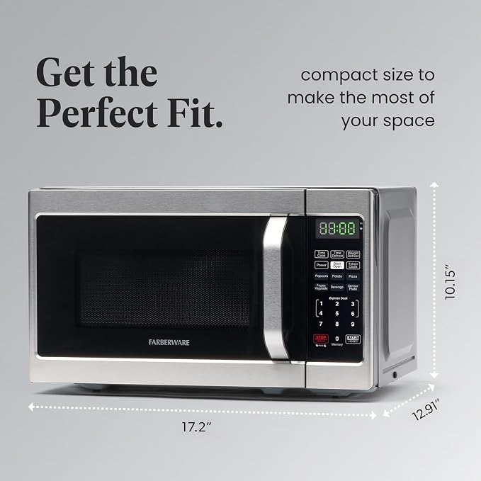 Farberware 0.7 Cu. Ft. Countertop Microwave Oven – 700 Watts Power, Auto Cook Settings, Defrost, Easy Clean and Child Safety Lock - Stainless
