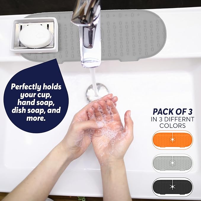 Silicone Faucet Water Catcher Mat, Soft Silicone Faucet Mat Sink Water Splash Guard, 3 Pieces Faucet Splash Catcher for Kitchen Sink Splash Guard to Keep Dry (Gray & Black &Orange)