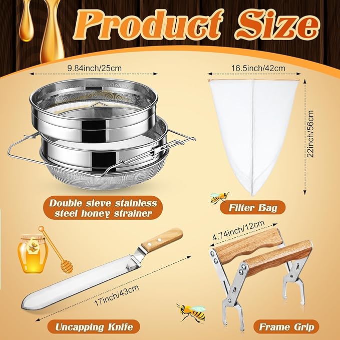 7 Pcs Honey Harvesting Kit, 5 Gallon Honey Bucket with Gate, Double Sieve Stainless Steel Strainer, Supports, Uncapping Fork, Scraper Knife, Filter Bag for Honey Extractor Beekeeping Supply