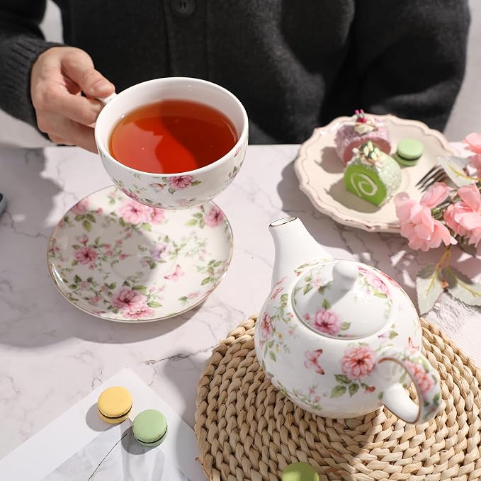 Tea Cup Set Ceramic Including 1 Teapot with lid 1 Tea Cup with 1 Sauser (Cg1)