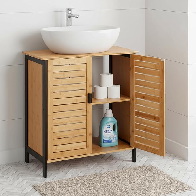 24" Bamboo Pedestal Under Sink Storage Vanity Cabinet, Solid Waterproof Sliding Door Bathroom Organizer with Adjustable Shelf, Modern Bathroom Furniture(Top Cutout, Not for Floor Drain)