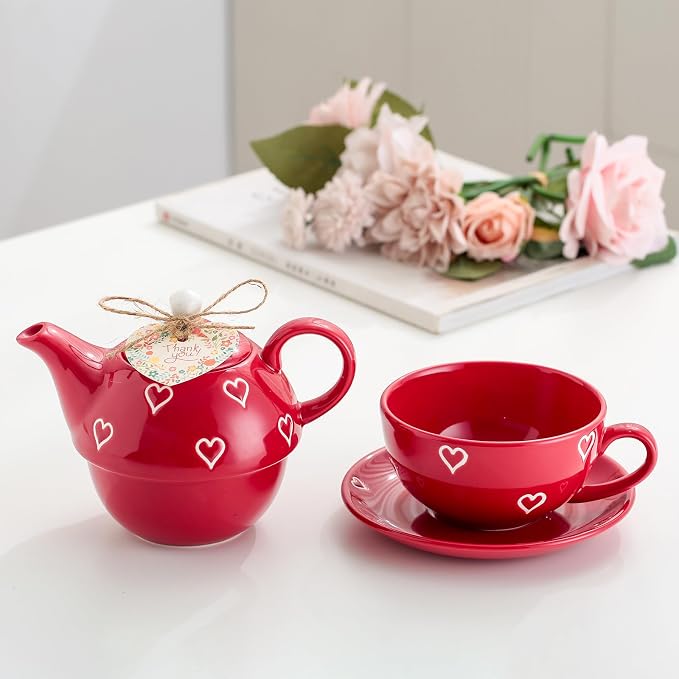 Domini Teapot cup combo,Teapot and Teacup for One,Tea Cup and Saucer Set-Tea Pot Set Gift for Girl Women,Bright red