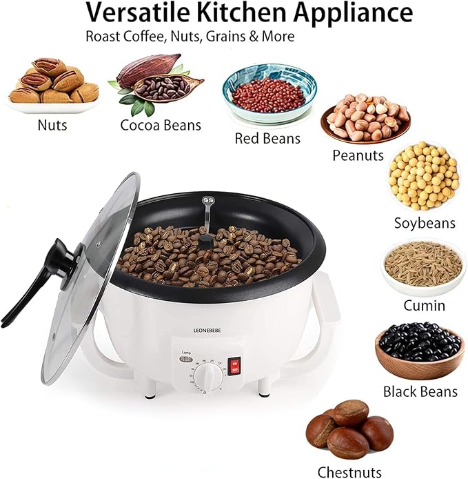 Home Coffee Roaster, Household Electric Coffee Bean Baker Nut Peanut Cashew Chestnuts Roasting Machine Adjustable Temperature 1.6 Pounds Capacity for Cafe Shop/Home No Stovetop Required Smoke Reduce