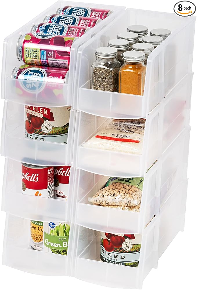 IRIS USA Clear Plastic Stackable Storage Bins, Large- 8 Pack, Open Front Fridge Pantry Kitchen Closet Cabinet Bathroom Organizer Basket for Organizing Snack, Cans, Office Supplies, and Coffee Pods