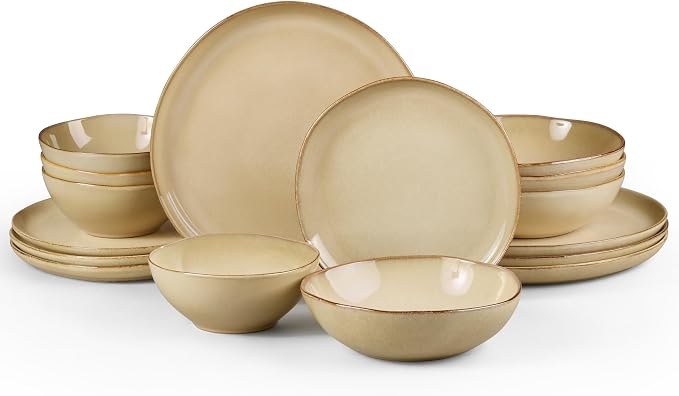 HaWare Plates and Bowls Set, Stoneware Dinnerware Sets, 16-Piece Hand-painted Dishware for 4, Ceramic Dish Set for Home Kitchen, Scratch Resistant, Microwave and Dishwasher Safe, Reactive Sandy Khaki