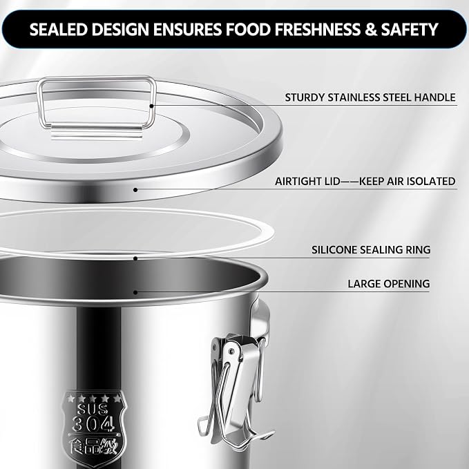 Suclain 3 Pcs 12L 304 Stainless Steel Airtight Canister Large Stainless Steel Food Storage with Secure Locking Lid Metal Leak-proof Container for Pantry Organization Rice, Flour, Oil, Water