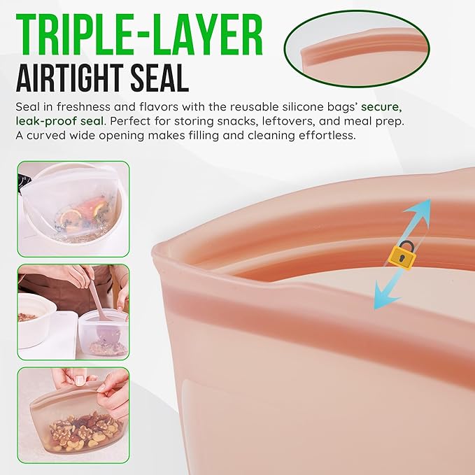 Reusable Silicone Food Storage Bags 3Set Airtight food Storage Containers Food Grade Silicone Snack Bags, BPA Free Food Storage Container, Microwave Safe, Sous Vide Container, White, 17oz+29oz+51oz