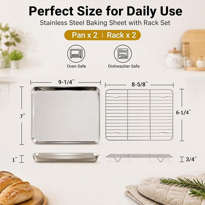 Onader Small Baking Cookie Sheet with Rack Set of 2, Stainless Steel 1/8 Sheet Pans for Baking, 9¼ x 7 Inch Metal Toaster Oven Tray with Cooling Rack, 2 Pans + 2 Racks