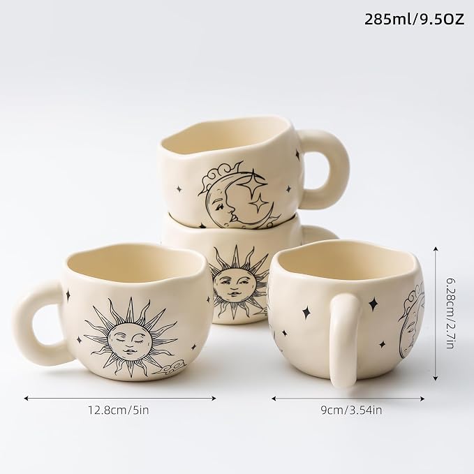 4pcs Boho Style Ceramic Moon and Sun Mugs, 9.4OZ Cute Coffee Cup Set, Matte Cream Color, Dishwasher Safe, Gift for Women/Couples