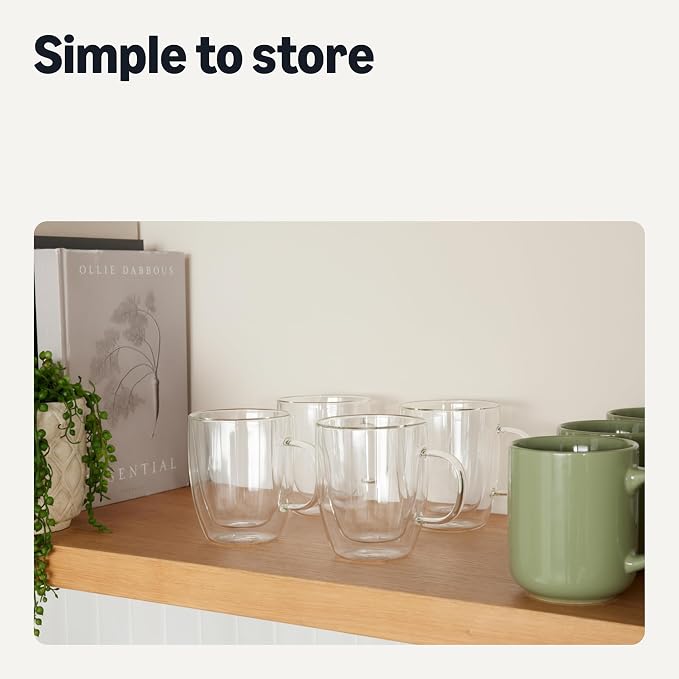 Amazon Basics Double Walled Glass Coffee Mugs, 4-Piece Set, 12 oz., Dishwasher-Safe, Borosilicate Glass