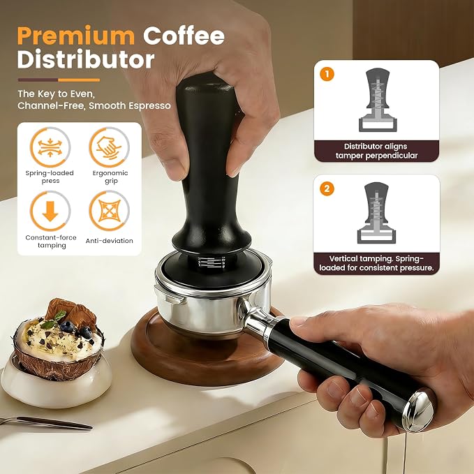 28-Piece 51mm Espresso Accessories Kit with Wood Tamping Station | Wood tamping station with tamper, distributor, WDT tool, dosing funnel, milk pitcher, puck screen and latte art accessories