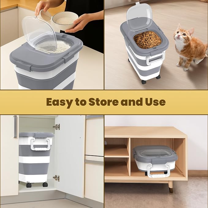 HOYTAMDA 25-35Lbs Rice Container,Collapsible Airtight Food Storage Containers with Wheels,Handle,Rice Storage Container with Small Bin and Scoop,Rice Dispenser for Flour Sugar Cereal Grain Dog Cat