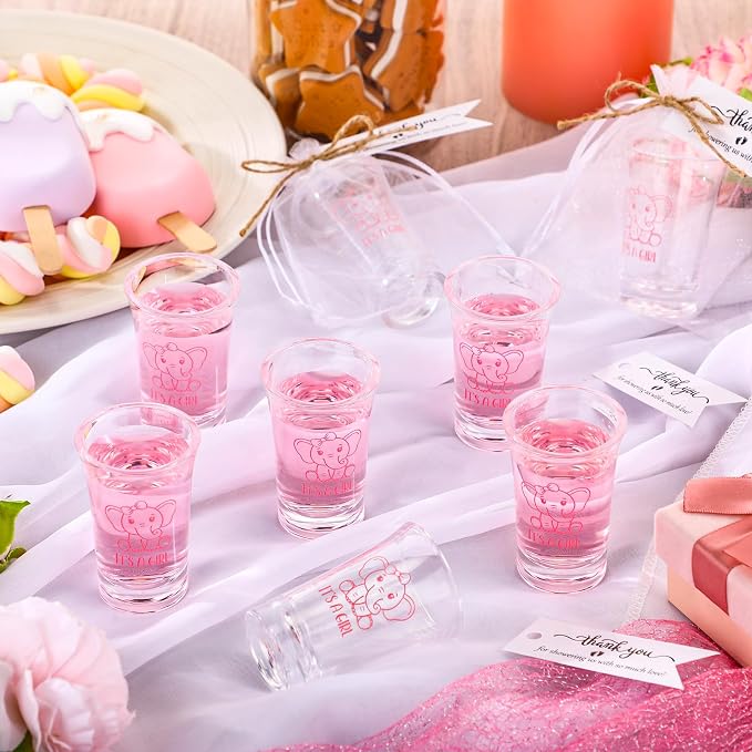 Pickmesh 25 Sets Baby Shower Shot Glasses for Guests Include Acrylic Clear Shot Glasses Thank You Cards Organza Bags Babies Shower Gifts for Gender Reveal Party Supplies (Elephant Girl)