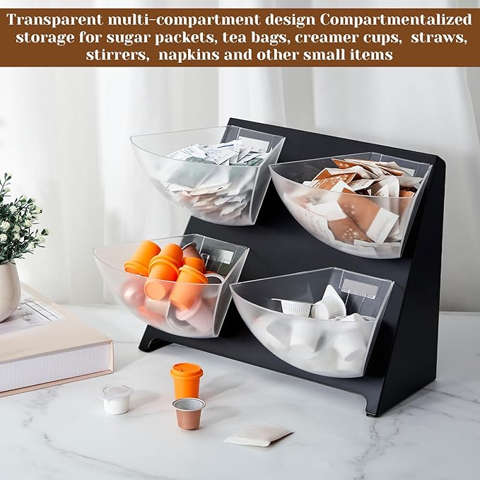 DoubleFill 15.5''x10''x 10.5'' Coffee Condiment Packet Organizer with 4 Removable Compartments Steel Coffee Caddy Station Creamer Sugar Tea Holder for Bar Countertop Office Kitchen Accessories(Black)
