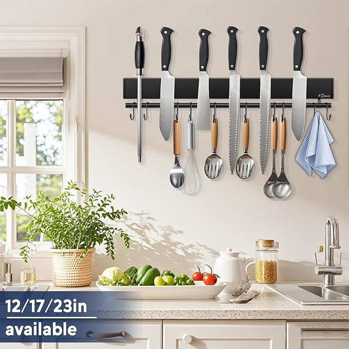 Dmore magnetic knife holder for wall—with 10 hooks, No Drilling 17 Inch black knife magnetic strip, Extra Strong Magnet knife rack, include Adhesive Tape and screws for Knives and Tools
