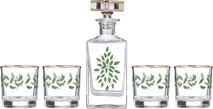 Lenox 896709 Holiday 5-Piece Decanter & Whiskey Glass Set, Christmas Dinnerware, Hosting