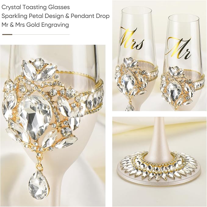 Wedding Cake Cutting Set, Luxury Handcrafted Crystal Champagne Flutes with Gold Petal Rhinestones and Pendant, Wedding Cake Knife and Server Set, Engagement Gifts for Couples, Gift-ready Box