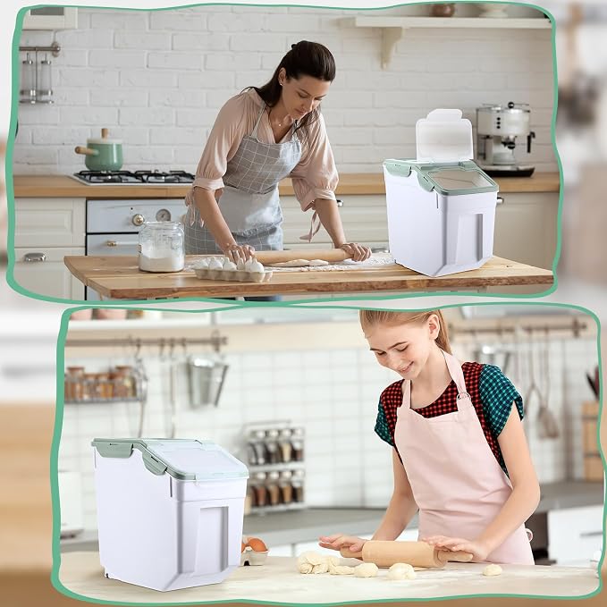 Sunnyray 4 Pcs 33 lbs Grain Rice Storage Container Flour Bin with Wheels Cup Leak Proof Pet Food Storage Boxes Seal Locking Lid Plastic Rice Containers Set for Cereal Flour Cat Dog Food (Green)
