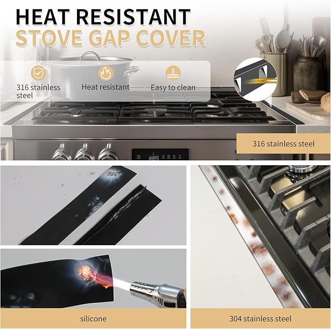 Stove Gap Covers 316 Stainless Steel,Stove Gap Filler,Heat-Resistant Oven Side Gap Filler,Between Stove and Counter Slide In Range Trim Kit for Kitchen,2 Pack (23.2” Matte Black)