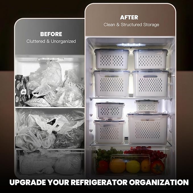 Produce Storage Containers Set with Drain Basket & Lid – Stackable Fridge Organizer Bins for Refrigerator – Fruit & Vegetable Storage Keeper, Berry Container, Lettuce Storage Box (6 Sizes) (5)