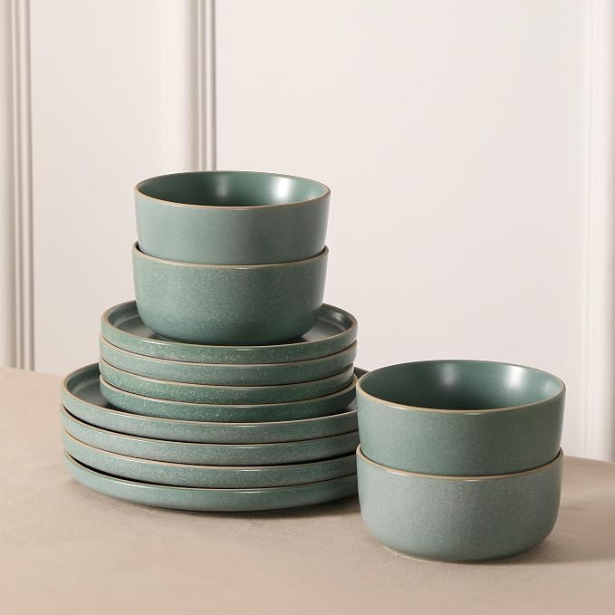 Earth & Clay Amber 12-Piece Dinnerware Set Stoneware, Dishwasher and Microwave Safe Plates and Bowls Set, Dish Set for 4, Green
