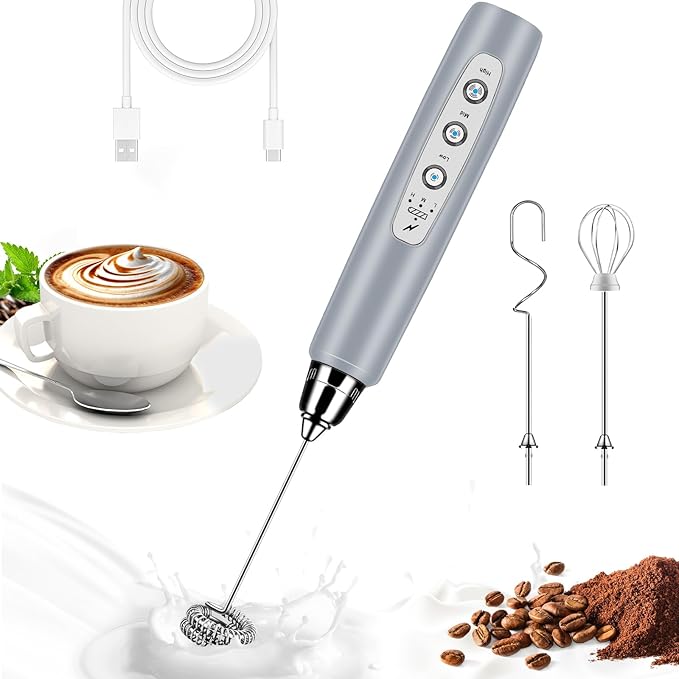 BSRGMS Milk Frother Handheld for Coffee, Electric Whisk 3 Speed Adjustable, Drink Mixer with Stainless 3 Whisks, Rechargeable Hand Frother Wand, for Latte Cappuccino Hot Chocolate Egg Cement Gray