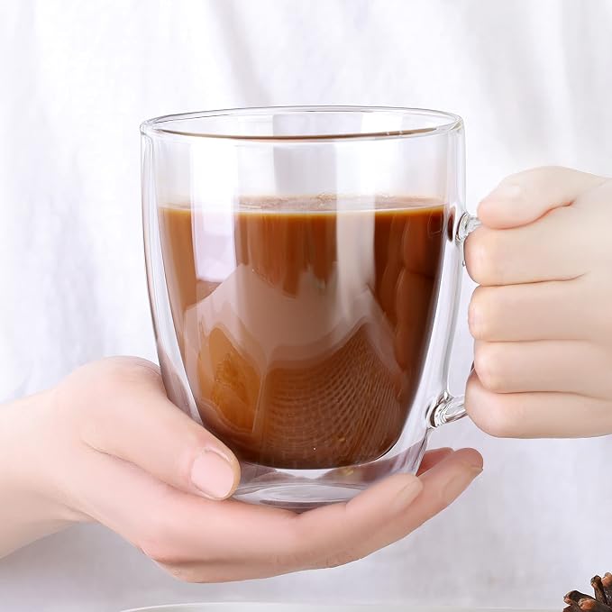 CNGLASS Large Glass Coffee Mugs 17oz,Double Walled Insulated Clear Coffee Cups with Handle,Clear Espresso Mugs for Cappuccino,Latte,Tea Bags,Hot and Cold Beverages,Set of 4