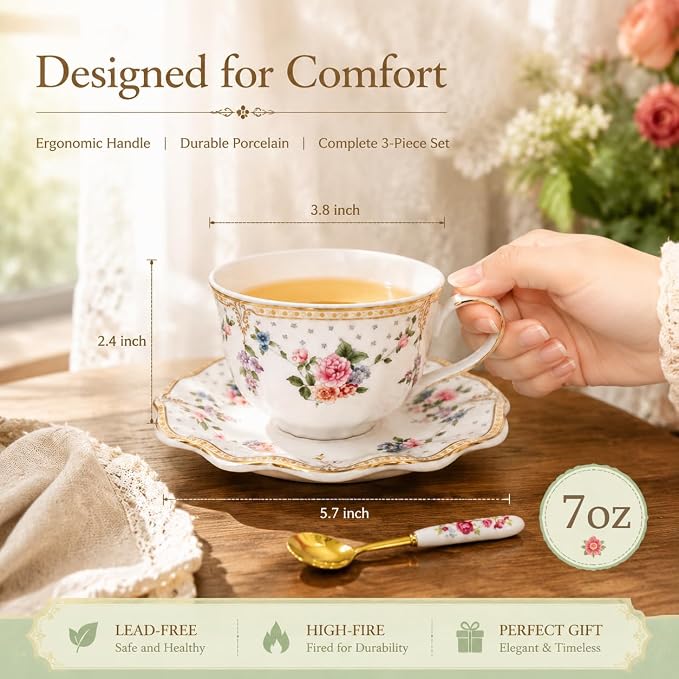 Noviko 7 oz Floral Tea Cups and Saucers Set Fancy Teacup for Women and Tea Parties