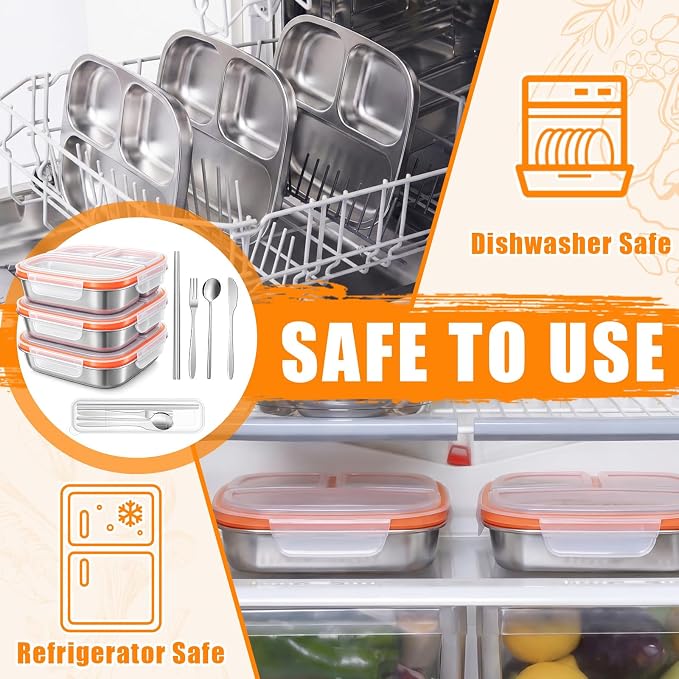 36 Pcs Stainless Steel Snack Container Set with Fork, Knife, Spoon & Chopsticks – 6 Pack 20.3 oz Leakproof Bento Snack Boxes, 2-compartment Food Storage Container for Fruit, Meal Prep & Travel