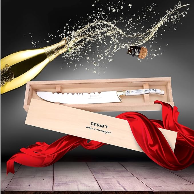 Resafy Champagne Saber With Wooden Box Champagne Knife Champagne Sword Champagne Opener (White)